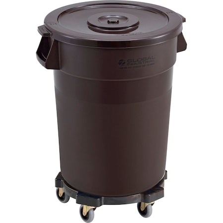 Global Industrial Plastic Trash Can with Lid & Dolly, 32 Gallon Brown 240460BNB